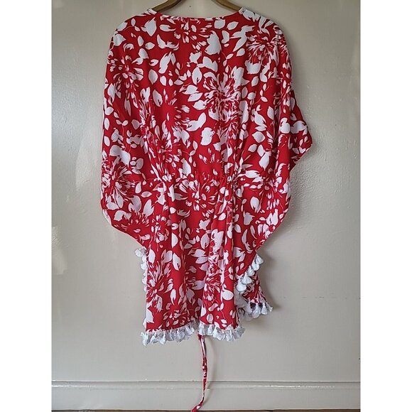 Susan Graver Kimono Blouse Sz M Red White Boho Style Waist Drawstring Fringe Hem - Picture 4 of 11